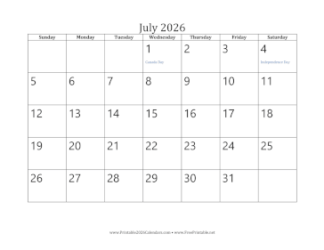 July 2026 Calendar Calendar