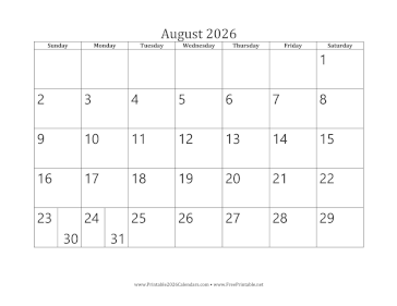 August 2026 Calendar Calendar