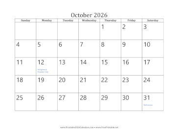 October 2026 Calendar Calendar