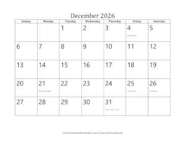 December 2026 Calendar Calendar